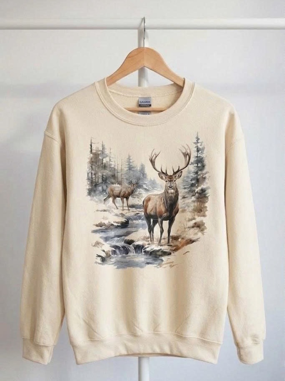 Vintage Deer Buck Sweatshirt Nature Wildlife Forest Watercolor Graphic Crewneck